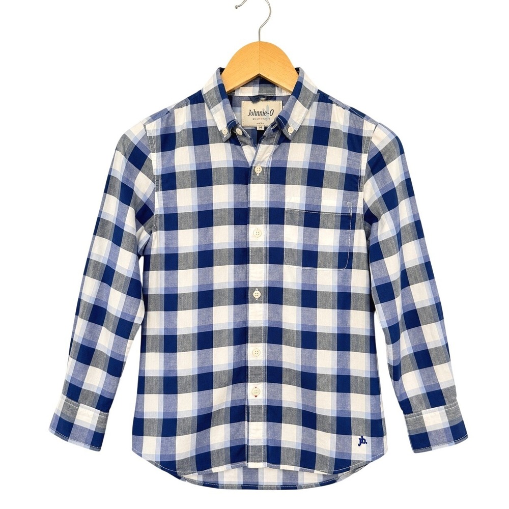 Johnnie B Boys Blue White Gingham Check Button Down Shirt Size 11-12Y Cotton